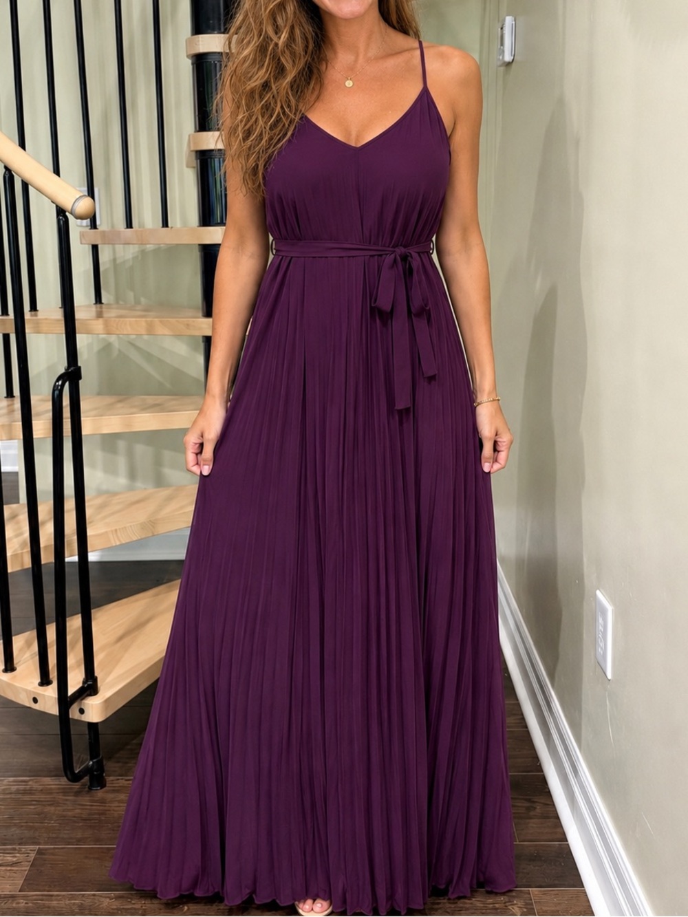 EUC V-Neck Pleated Maxi Dress in Plum